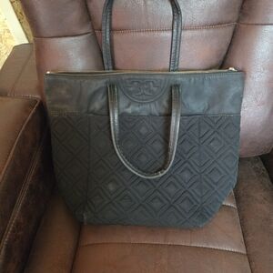 Tory Burch Black Quilted Tote with Leather Trim